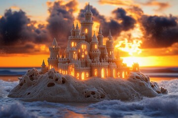 Sandcastle masterpiece glows at sunset on a beach with crashing waves