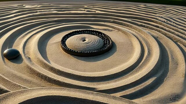 A minimalist Zen garden at dawn, perfectly raked concentric circles in textured white sand surrounding smooth obsidian stones, with morning light casting delicate shadows on the harmonious patterns.