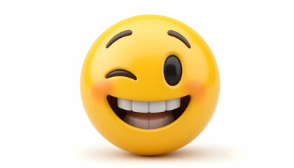 Fototapeta premium Yellow Emoji Winking and Smiling with Teeth Visible on White Background