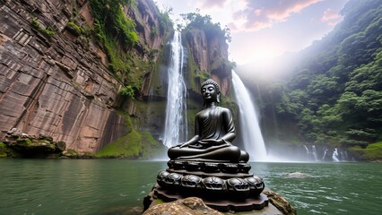 Serene Buddha Statue at Majestic Waterfall in Lush Mountain Gorge