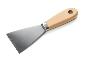 Stainless Steel Putty Knife with Wooden Handle Close-up on White