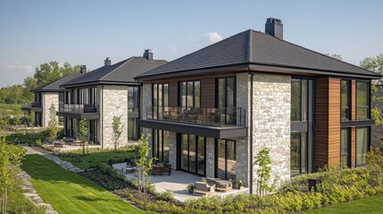 Modern stone villas, suburban landscape, sunny day