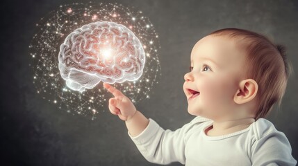 Happy baby joyfully engages with a brain hologram, exploring the wonders of knowledge and imagination. Generative AI