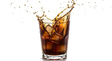 A high-speed photograph captures a glass filled with a dark liquid, likely cola, and ice cubes, with a dynamic splash effect