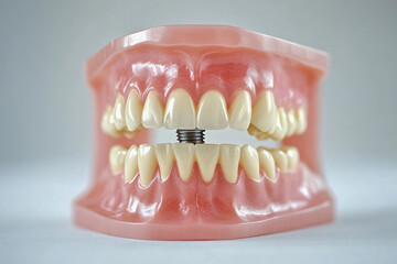 Obraz premium Dental implants displayed in a model of a human jaw demonstrating oral health and restoration procedures