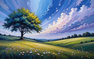 An abstract oil painting of a colorful landscape with a tree and field in the foreground