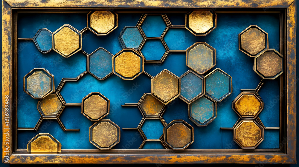 Poster abstract artwork featuring gold and blue hexagons arranged in a grid pattern within a dark bronze fr