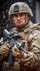 Portrait of a soldier in camouflage uniform holding a rifle, standing in the rain. The image is dark, moody, and dramatic, with a focus on the soldier's determined expression.
