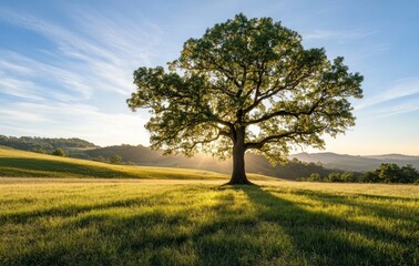 Fototapeta premium Lone Tree Standing in a Grassy Field at Sunset with Rolling Hills