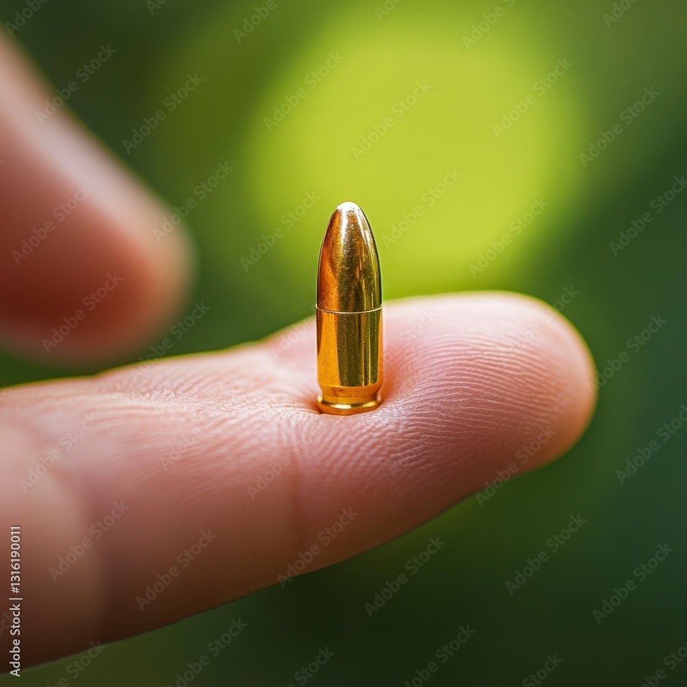 Poster close up view of a single gold colored bullet resting on a person's fingertip against a blurred gree