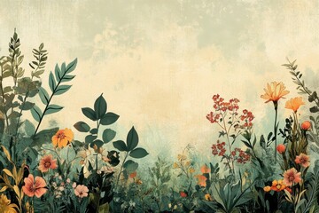 A stylized watercolor depiction of various flowers and foliage