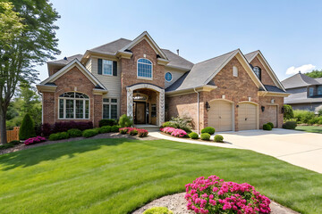 Stunning Brick Home with Lush Landscaping in a Premium Neighborhood. architecture, building, residential, brick, exterior, estate, new, garden, property, lawn, sky, grass, door, window, yard, family, 