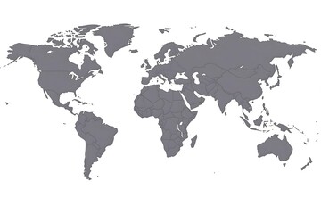 Solid Gray World Map Isolated on White Background, Simple Geographic Representation for Global Awareness and Educational Purposes
