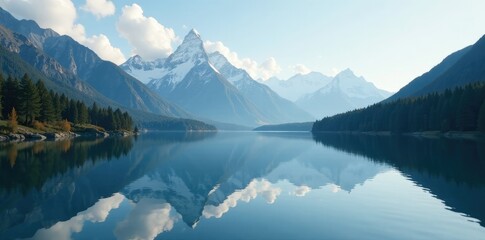Cloudy mountain peaks reflected in a still pond, peaks, peaceful, reflection