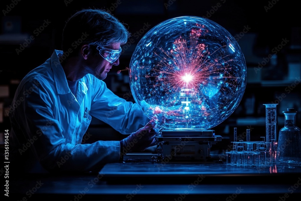 Poster scientist examining a glowing plasma sphere in a dark lab; futuristic science experiment.
