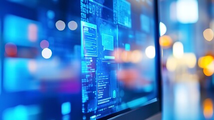 Digital Streams Of Information Flow Across A Vibrant Screen, Reflecting A Citys Bustling Energy At Night With A Cool Blue Glow And Blurred Bokeh Lights