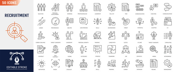 Recruitment icon set. Headhunting, career, resume, job hiring, candidate and human resource icons and more. Vector illustration