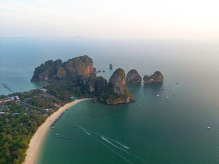 Aerial view of white sand and stunning mountain cliffs at Railay Beach (Ao Phra Nang Beach) in...
