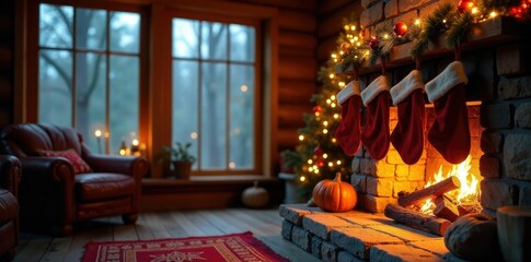 Cozy lodge fireplace with stockings and garlands, garlands, crackling fire