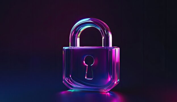 Neon glass padlock on dark background
