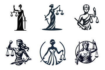 Conjunto de logotipos de la Dama de la Justicia &ndash; Clipart vectorial minimalista en blanco y negro, emblema, ilustraci&oacute;n comercial, dise&ntilde;o de p&oacute;ster creativo en estilo pegatina