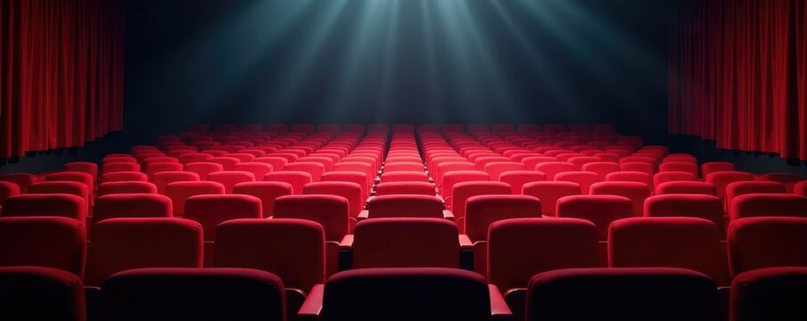 Empty red theater seats filled with soft light, isolation, stage, empty