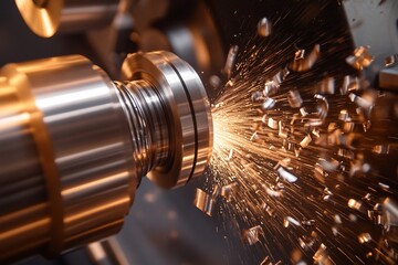 Metal lathe turning process with sparks and shavings in motion