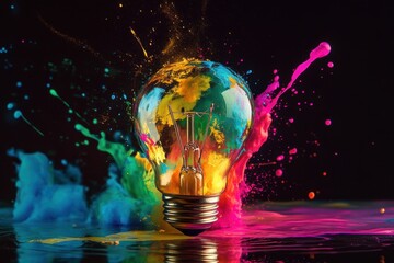 Light bulb bursts into vibrant paint, unleashing new ideas and fueling the imagination