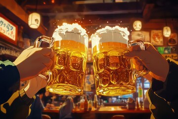 A close-up shot of multiple hands clinking beer glasses in a lively bar, golden liquid foaming at the top.