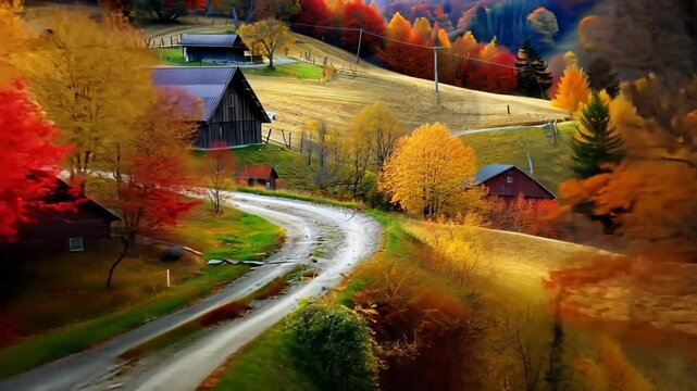 Gewundener Weg durch farbenfrohe Herbstlandschaft