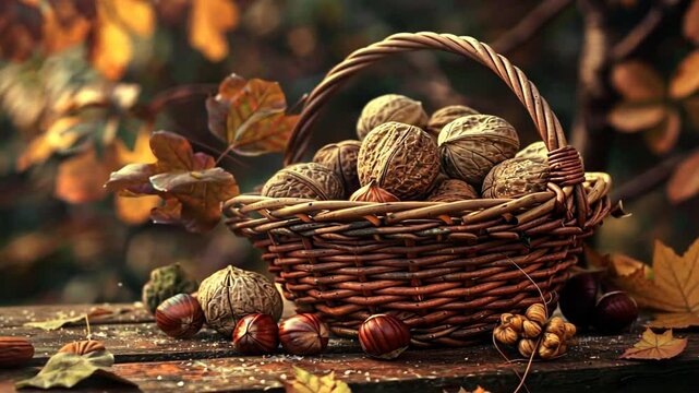 Korb voller Herbstn&uuml;sse und Bl&auml;tter
