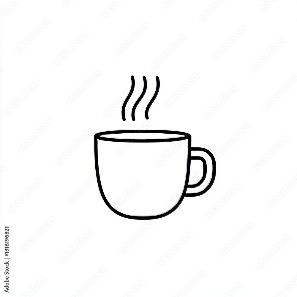Poster the image features a steaming coffee mug drawn in simple black lines on a white backdrop