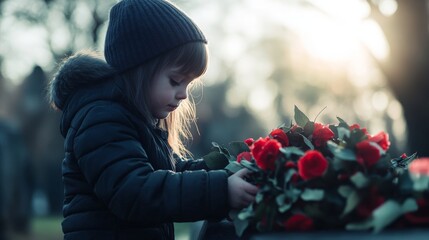 Young caucasian girl with red roses in winter coat and knit hat outdoors