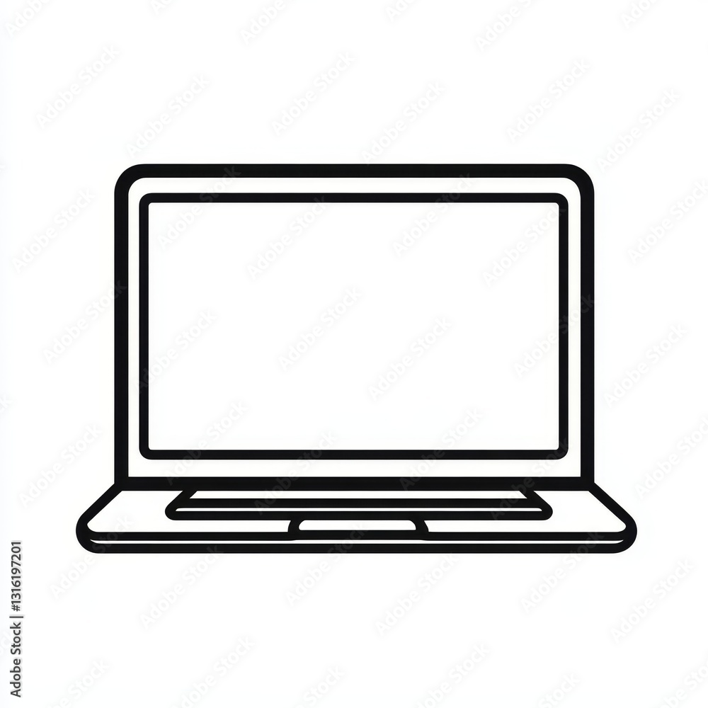 Poster the silhouette of a black laptop in a minimalist linear style is shown with its screen open on a whi