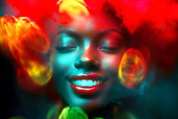 Lovely happy black girl - for ads, magazine ad ad and digital marketing use. Commercial commercial visual idea. Short haircut - red hair. Elegant black portrait. Urban black style.