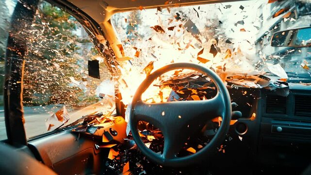 A perspective shot from inside a car, witnessing an explosion in front of the windshield, with glass and debris flying
