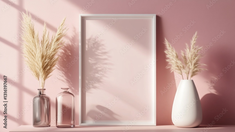 Poster delicate pampas grass arranged in minimalist vases sits atop a soft surface, casting gentle shadows 