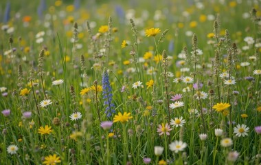 Obraz premium Vibrant meadow teeming with diverse wildflowers under soft daylight.