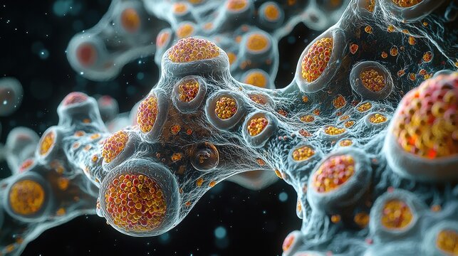 Close up view of a biological cell cluster showing multiple individual cells under a microscope