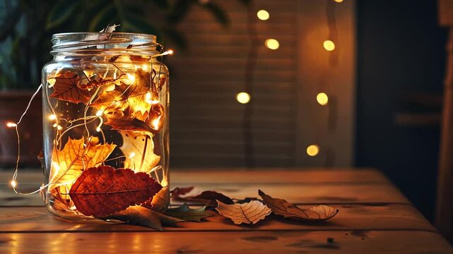 Herbstdeko mit Lichterkette und Kastanien