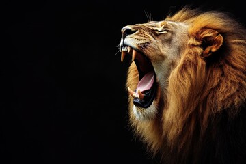 Dangerous lion roaring with intensity, highlighting its ferocity and dominance against a black backdrop