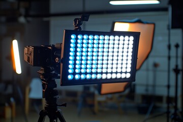 Studio lighting setup with led panels and softboxes in photography studio