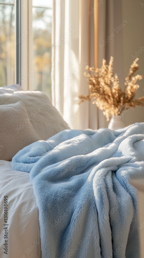 Poster sunlight filters gently through the window, highlighting a plush blue blanket draped over a bed in a