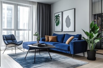 Dark blue sofa and recliner chair create a stylish Scandinavian living room with modern appeal