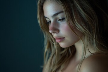 Fototapeta premium Pensive young caucasian female contemplating in low light portrait