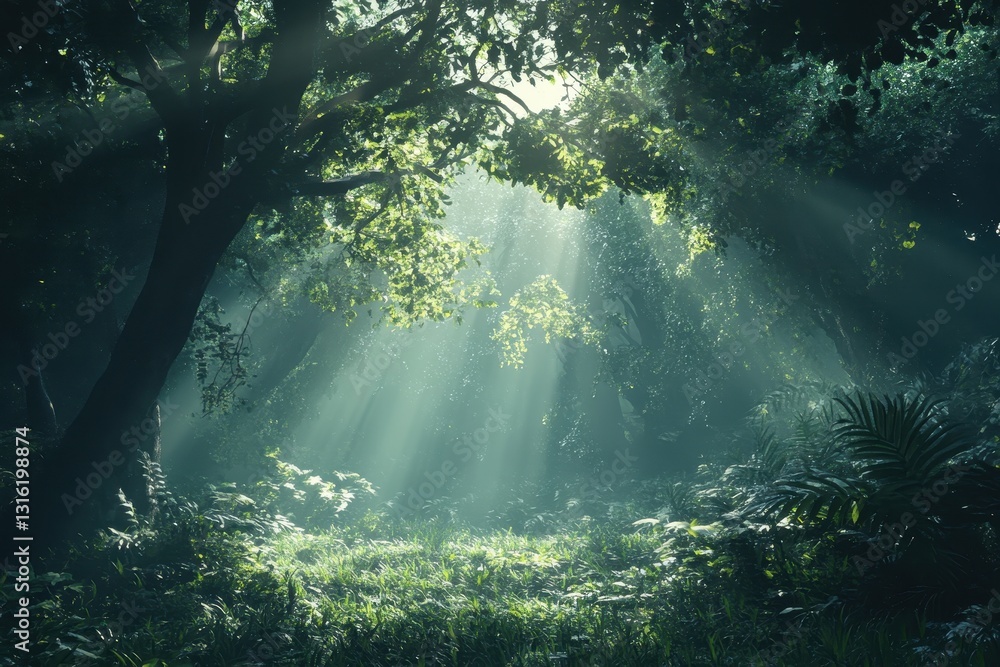 Poster sun rays filter through trees, creating an atmospheric fantasy forest in a dark rainforest