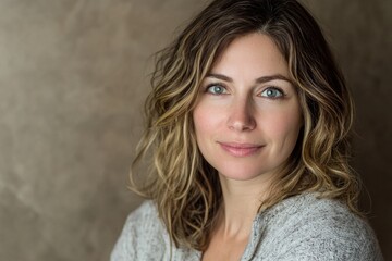 Naklejka premium Smiling caucasian female adult with wavy hair against a neutral background