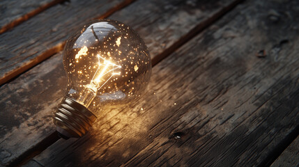 Fototapeta premium Innovative light bulb with glowing filament and sparkling light particles, symbolizing bright ideas and inspiration on a wooden table.