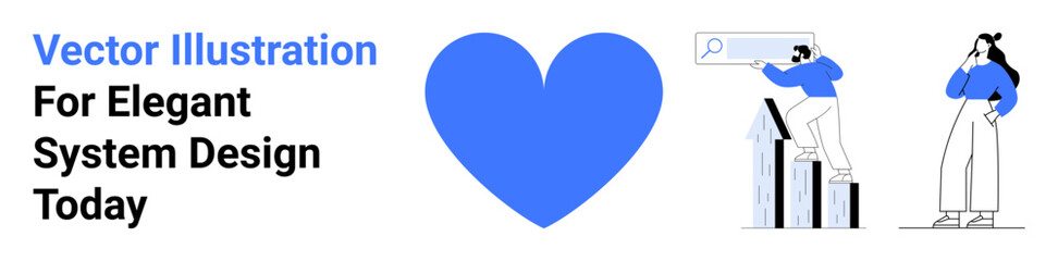 Blue heart in the center with professional figures one on a graph with a magnifying glass and another examining solutions. Ideal for teamwork, data analysis, planning, system design, search strategy