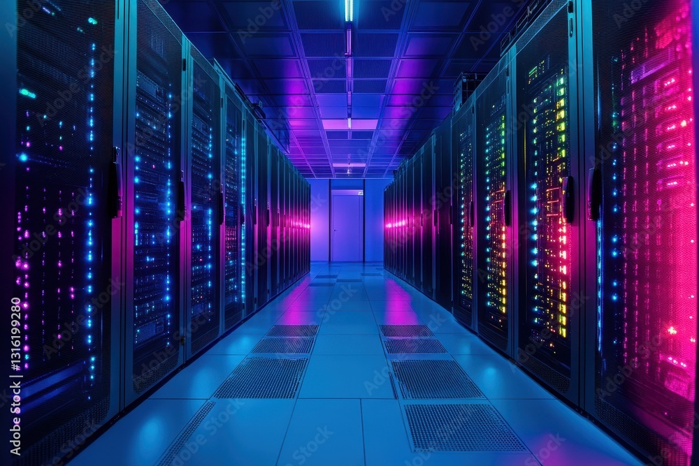Poster a dynamic data center server room with multicolor beams and bookey for enhanced tech ambiance